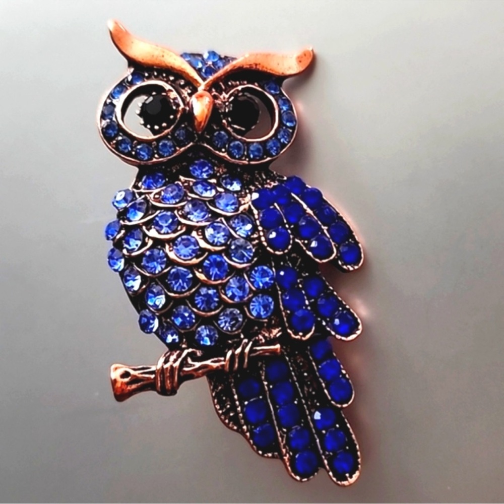 OWL Brooch Sapphire and  Simulated Diamonds